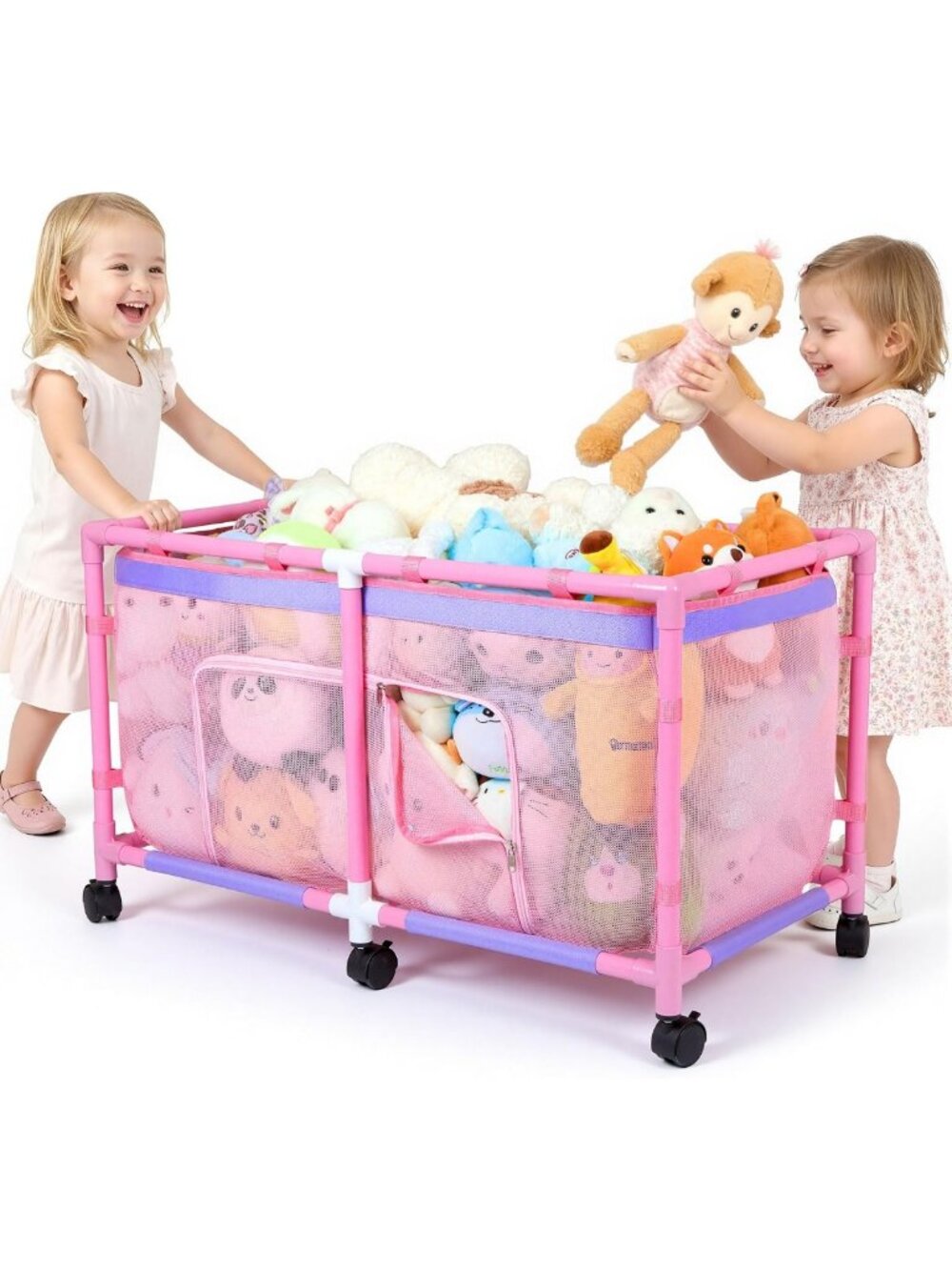 Kids Toy Storage Box with See-Through Mesh, 360° Rotating Wheels, Easy Access